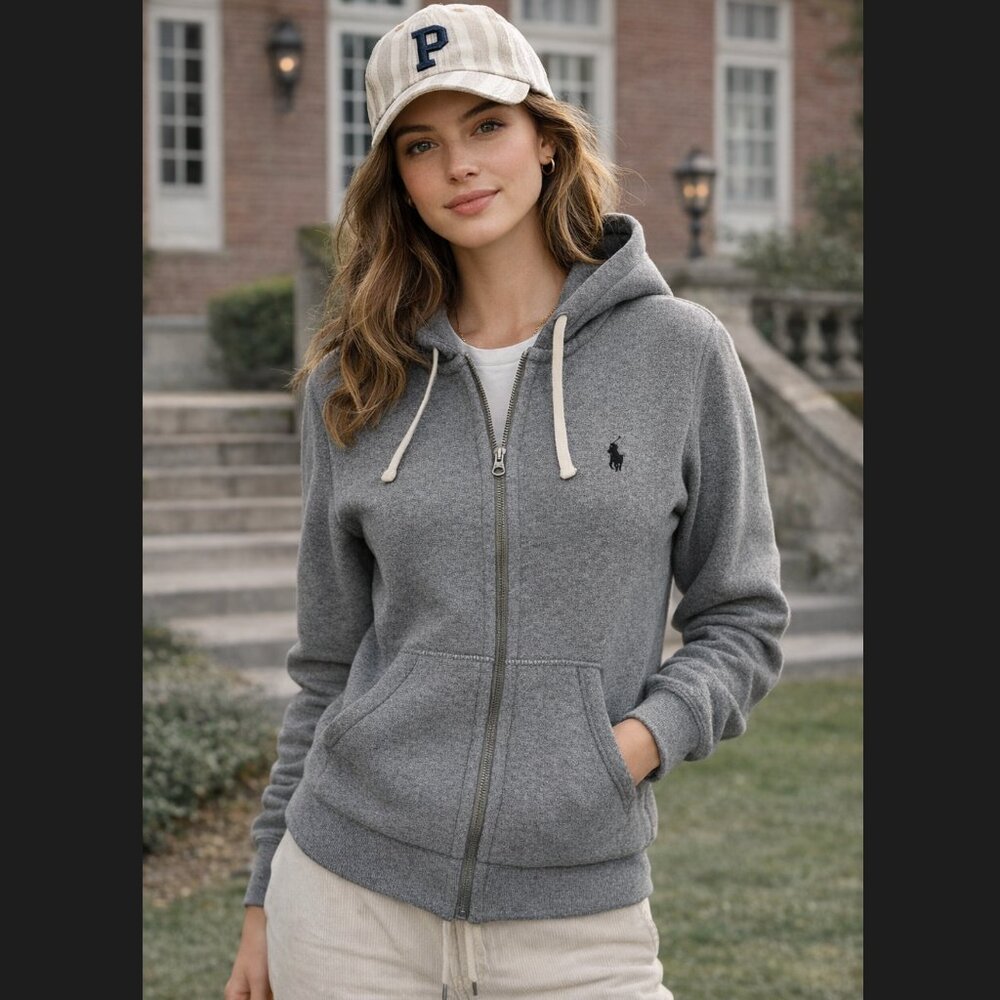 Polo Ralph Lauren Zip Hoodie XS Gray Waffle Knit Pony Y2K Cotton Jacket FLAW VTG